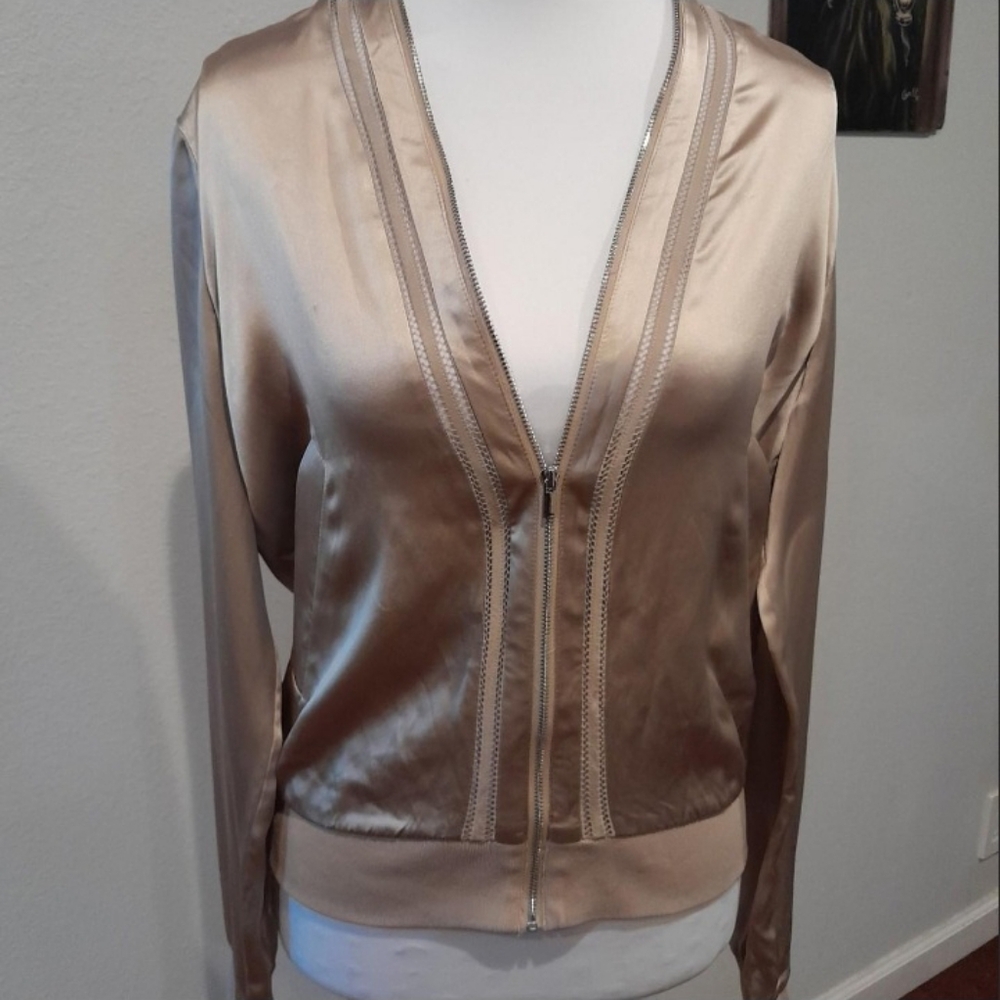 Elie Tahari 100% Silk Champagne Bomber with Round the Neck Zip Detail